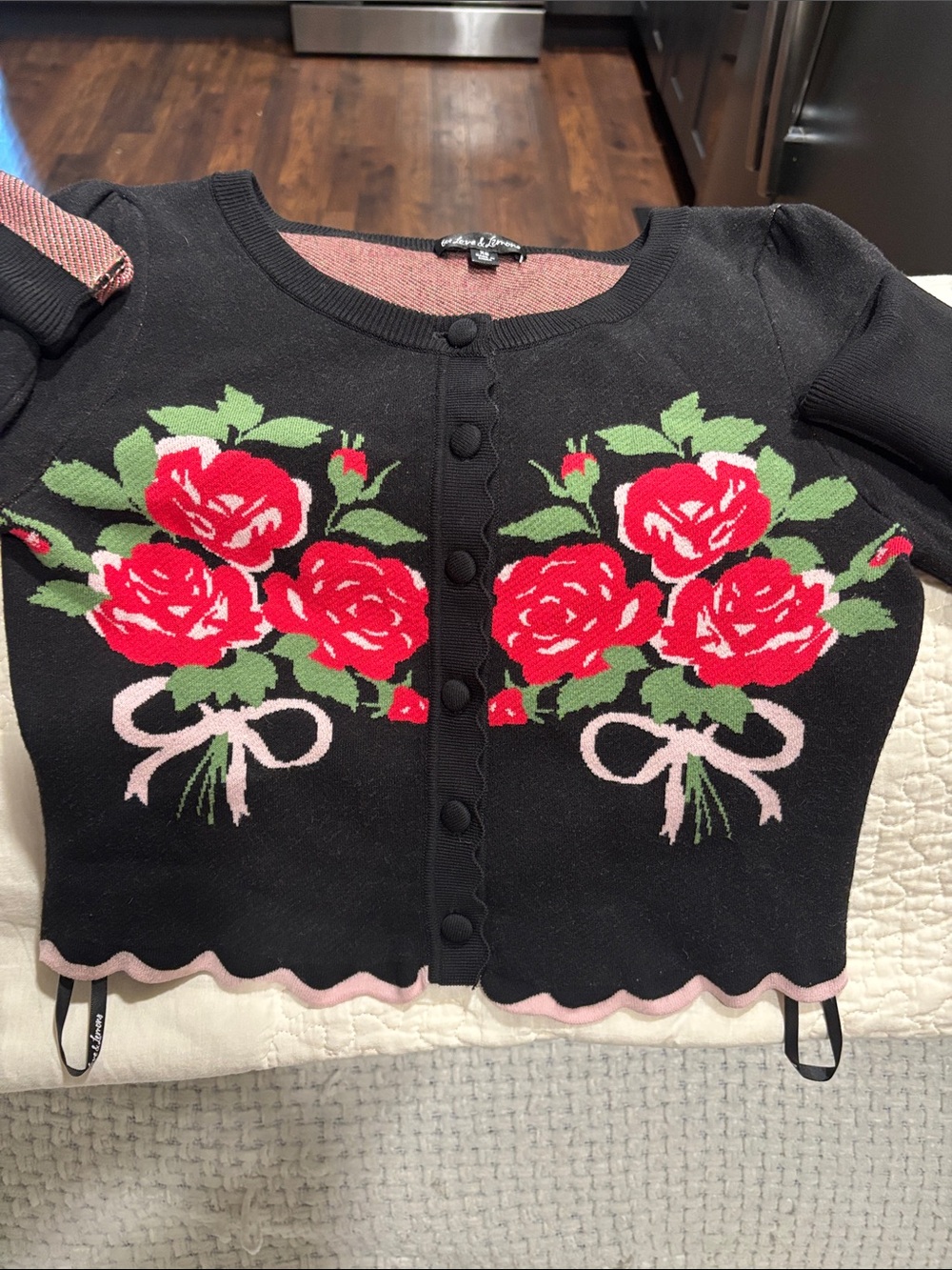 For Love & Lemons Black Cardigan with Red-Pink Interior